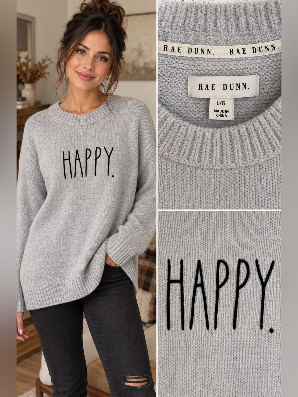 Rae Dunn Gray Crewneck Sweater with BLACK 'HAPPY.' Text